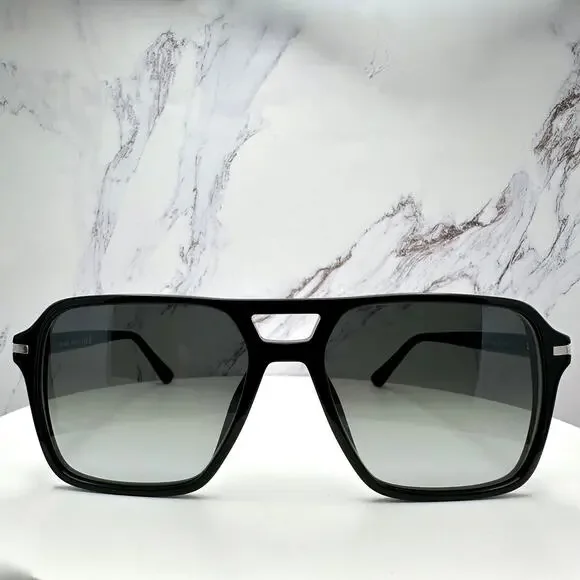 NEW PRADA Sunglasses Black Aviator Pilot 55-17mm Grey Lens Silver Logo